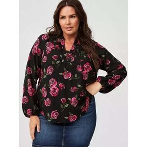 Torrid Harper Challis Floral Blouse Women's 3X 22-24 Black‎ Collared Long Sleeve